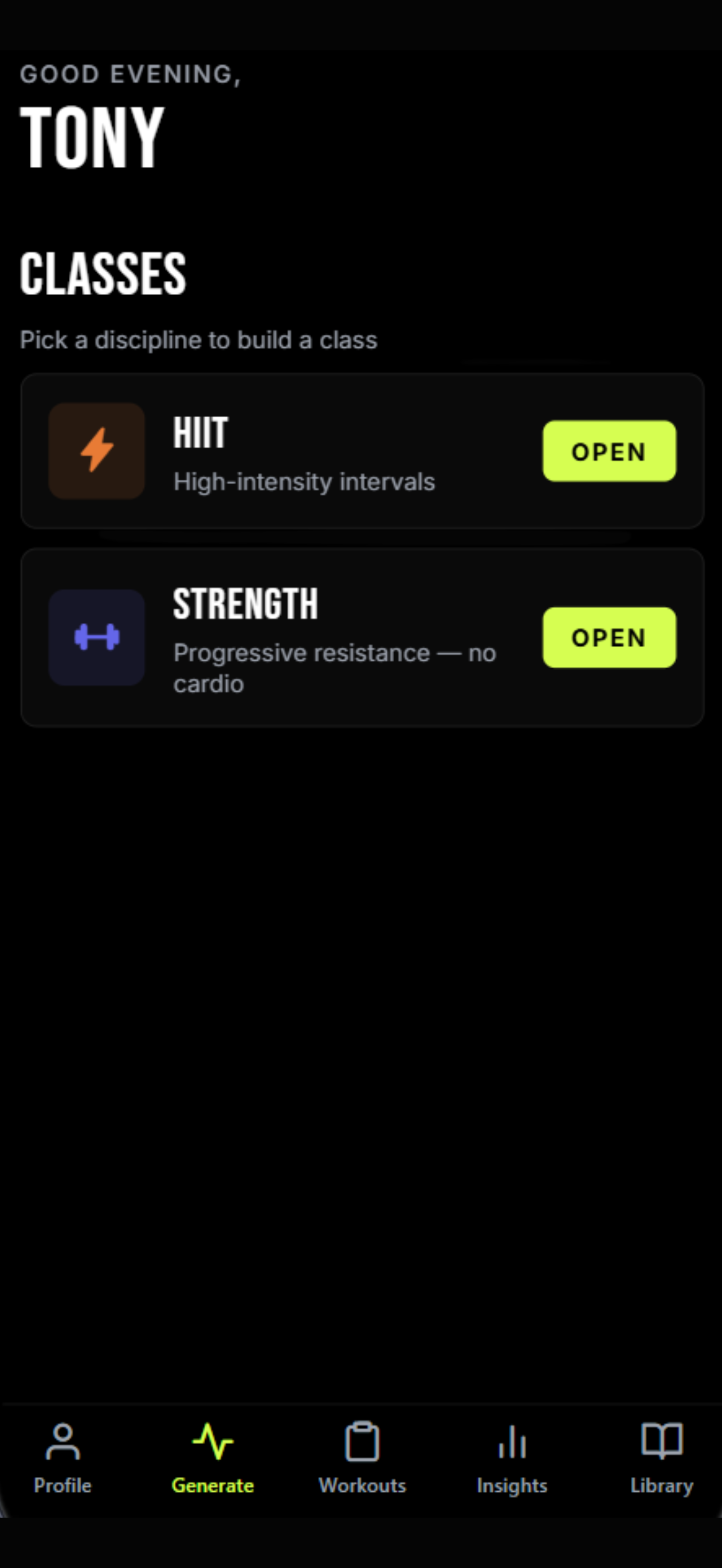 Formed Generate tab showing HIIT and Strength class options