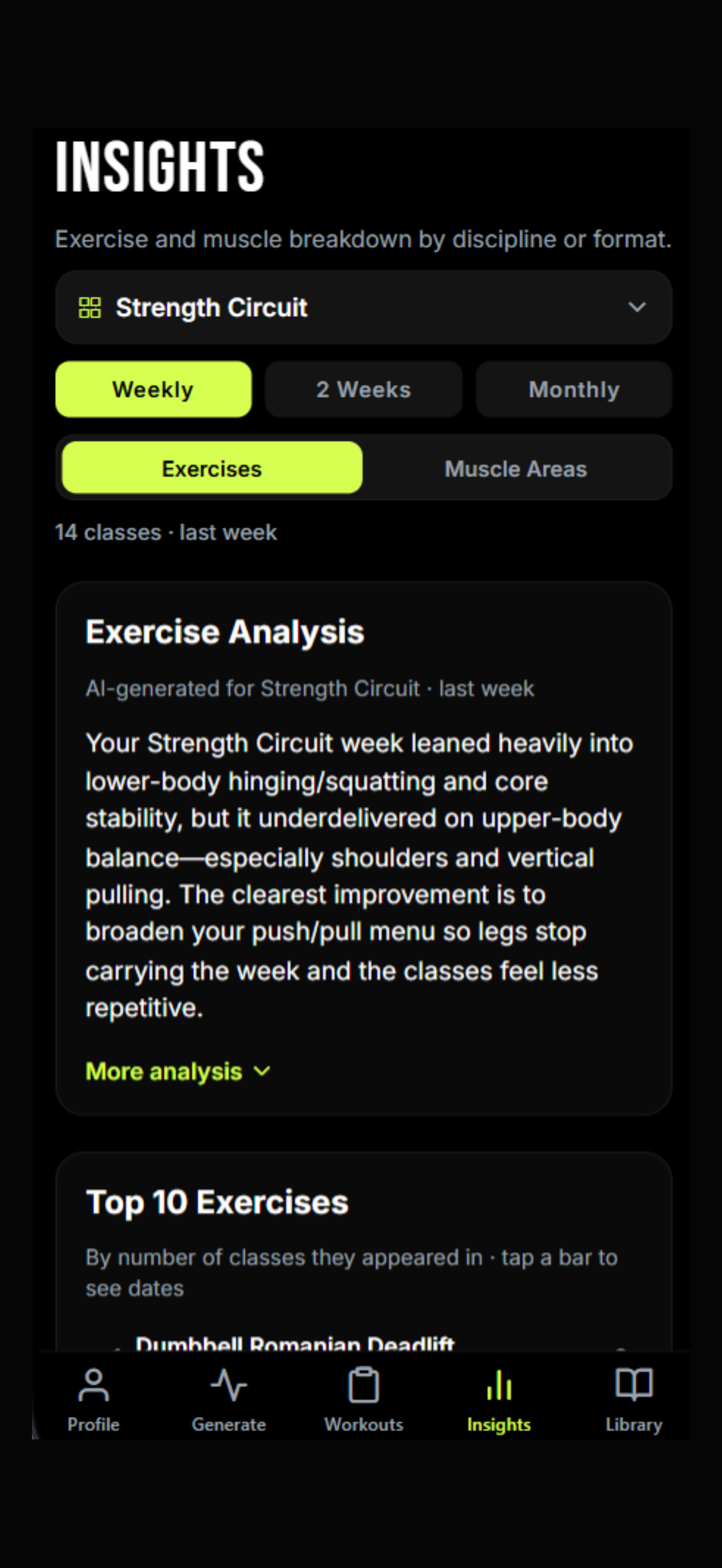 Formed Insights screen showing exercise analysis