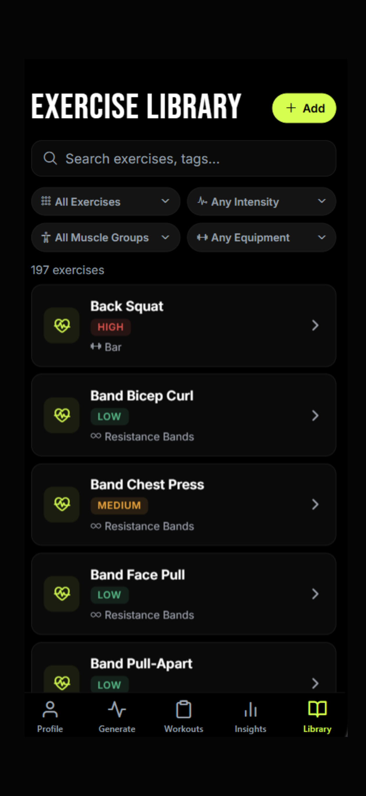 Formed Exercise Library showing search and filter controls