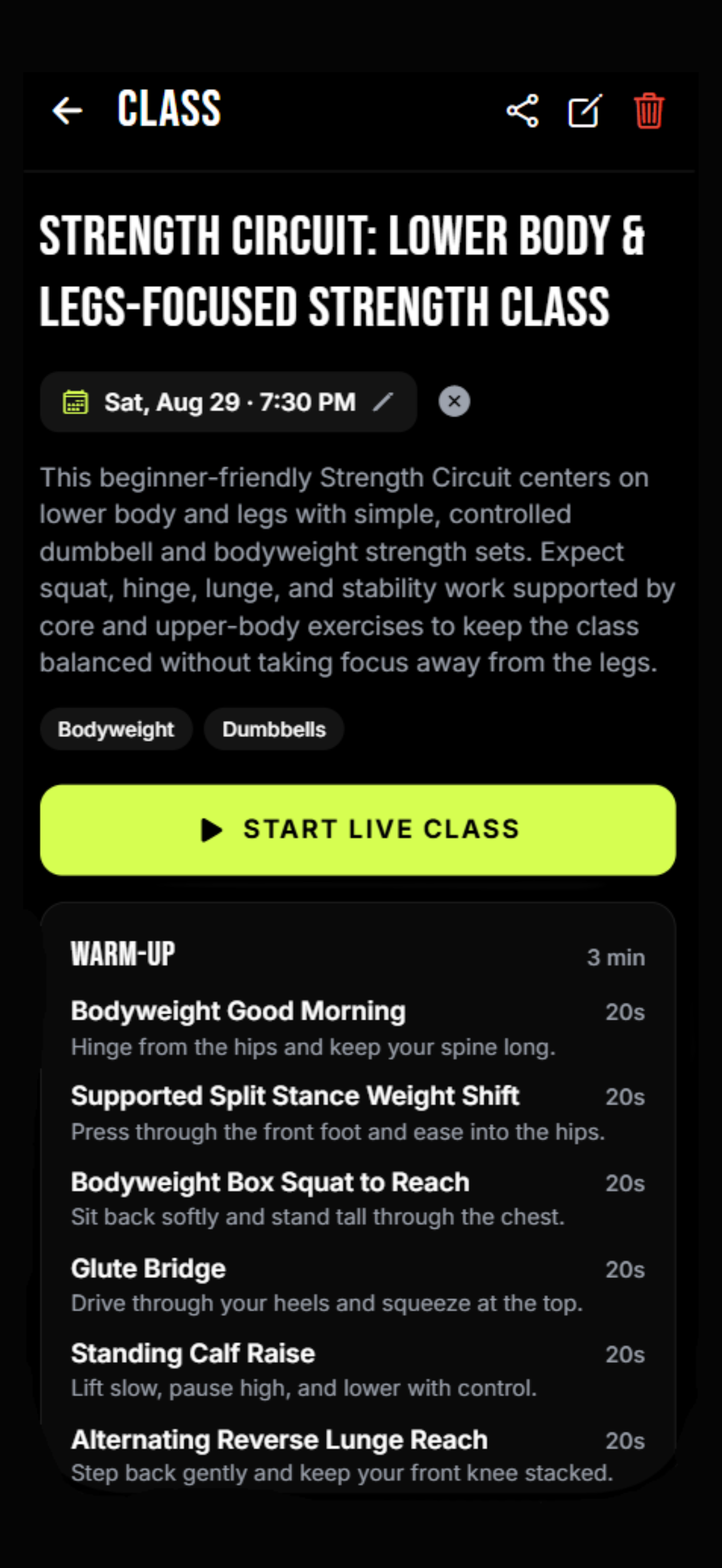 Formed class detail screen showing a strength circuit