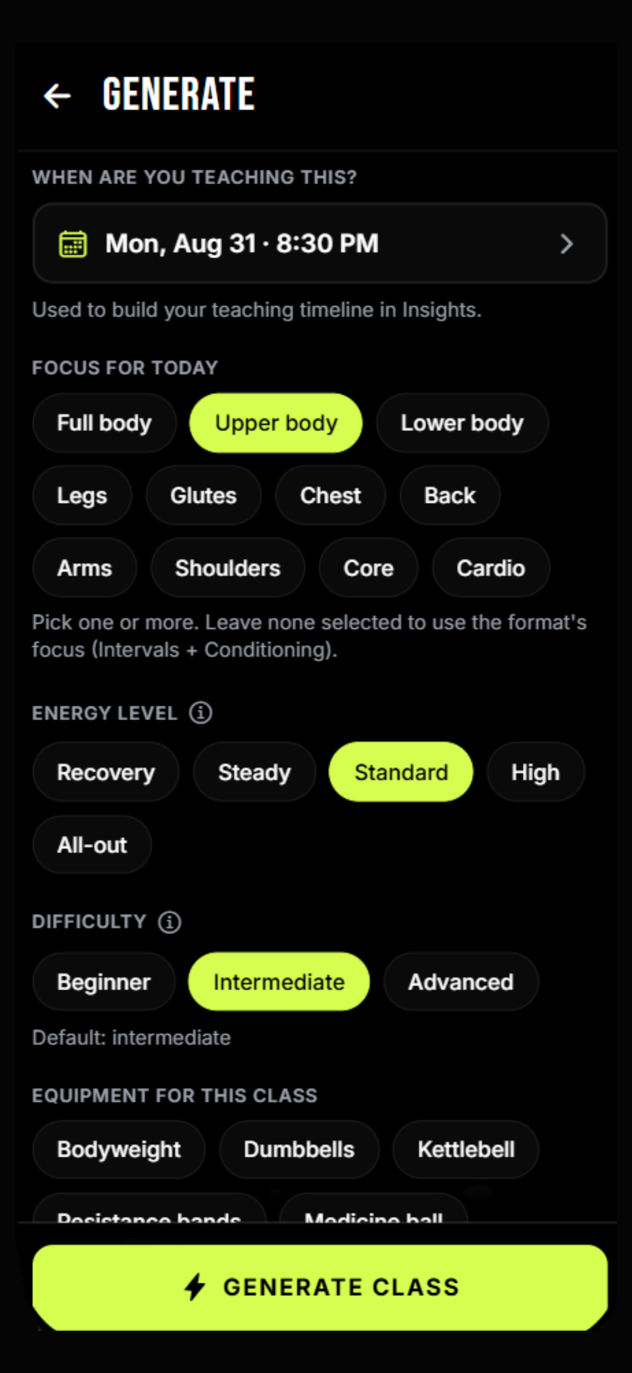 Formed Generate screen showing class date, focus, energy, and difficulty