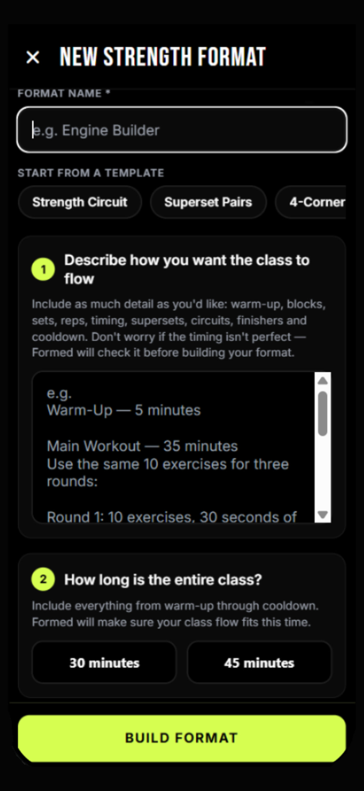 Formed New Strength Format screen with class flow instructions